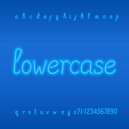 Neon tube alphabet font. Neon color lowercase letters, numbers and symbols. Stock vector typeface.Part 2 of 2.のイラスト素材