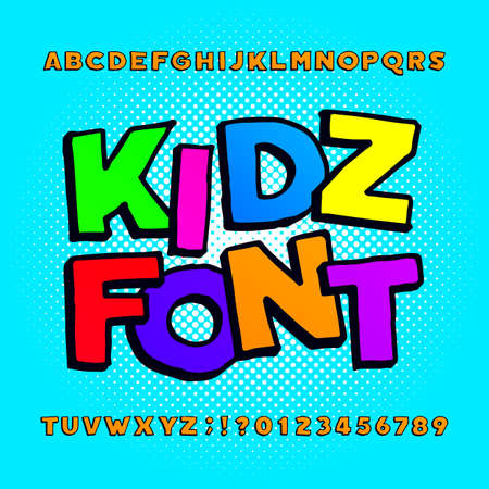 Kids alphabet font. Cartoon funny colorful letters, numbers and symbols on a halftone background. Stock vector typeface for any typography design.のイラスト素材