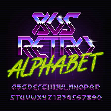 80s retro metal alphabet font. Chrome effect colorful shiny letters and numbers. Stock vector typeface.のイラスト素材