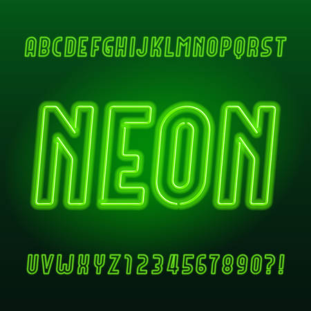 Green neon lamp alphabet font. Neon color oblique letters, numbers and symbols. Stock vector typeset for your typography design.のイラスト素材