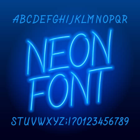 Neon tube alphabet font. Neon color script letters, numbers and symbols. Stock vector typeface for your typography design.のイラスト素材
