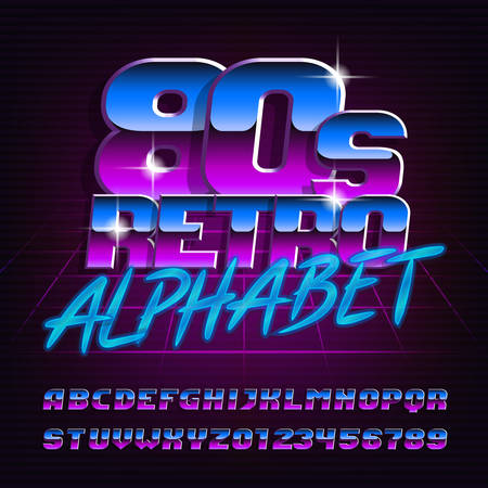 80s retro alphabet font. Uppercase italic letters and numbers. Stock vector typeface for your design.のイラスト素材