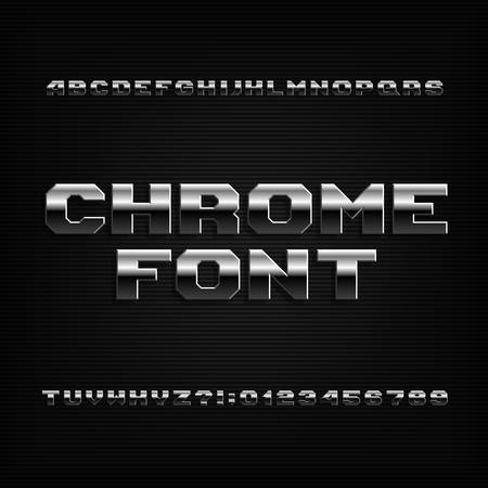 Beveled chrome alphabet font. Metallic effect shiny letters, symbols and numbers. Stock vector typeface for your design.のイラスト素材