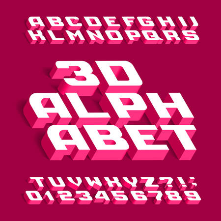 3D alphabet font. Three-dimensional effect letters, numbers and symbols with shadow. Stock vector typeface for your design.のイラスト素材