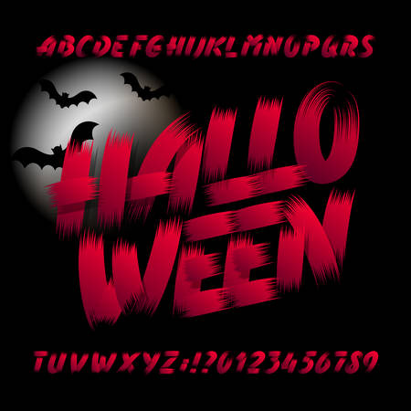 Halloween alphabet font. Brush stroke letters, numbers and symbols. Hand drawn vector typography for your headers or any typography design.のイラスト素材