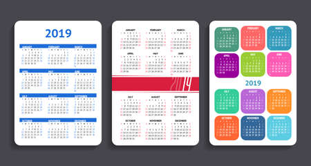 Calendar 2019. Week starts on Sunday. 3 different grids.のイラスト素材