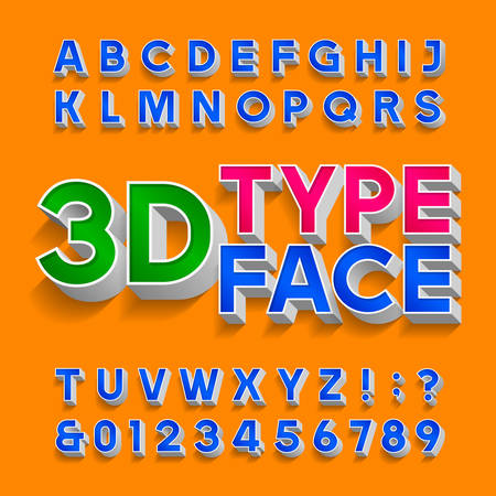 3D alphabet font. Three-dimensional typescript. Letters, numbers and symbols with shadow. Stock vector typography for your design.のイラスト素材
