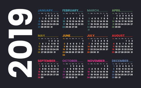 Calendar 2019 vector template. Week starts on Sunday. Colorful grid on a dark background.のイラスト素材