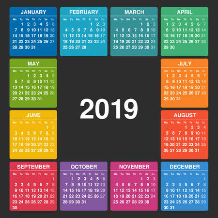 Calendar 2019. Week starts on Monday. Colorful grid on a dark background.のイラスト素材