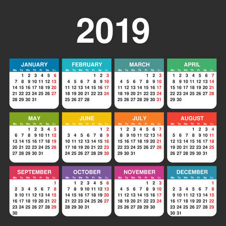 Calendar 2019 vector template. Week starts on Monday. Colorful grid on a dark background.のイラスト素材