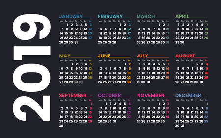 Year 2019. Calendar vector template. Week starts on Monday. Colorful grid.のイラスト素材