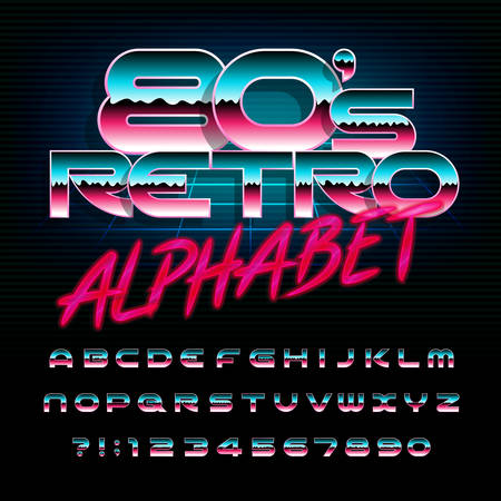 80s retro alphabet font. Uppercase shiny letters and numbers. Stock vector typescript for your design in 80s style.のイラスト素材
