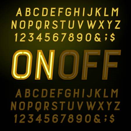 Yellow neon light alphabet font. Lights on or off. Type letters, numbers and symbols. Vector typeface for animation, labels, titles, posters etc.のイラスト素材