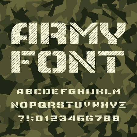 Army stencil alphabet font. Letters and numbers on a seamless camo background. Vector typescript for your design.のイラスト素材