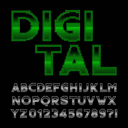 Digital alphabet font. 80s retro display pixel letters and numbers. Stock vector typeface for your design.のイラスト素材