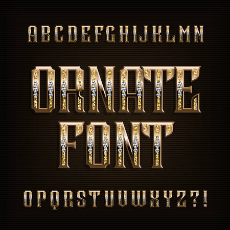 Ornate gold alphabet font. Vintage golden letters and numbers with diamonds. Stock vector typescript for your typography design.のイラスト素材