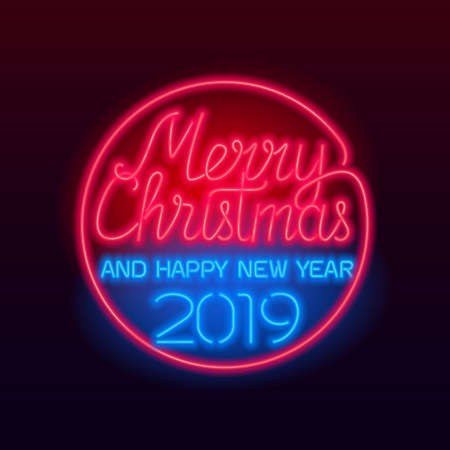 Merry Christmas and Happy New Year 2019 text. Vector glowing neon sign. Xmas card.のイラスト素材