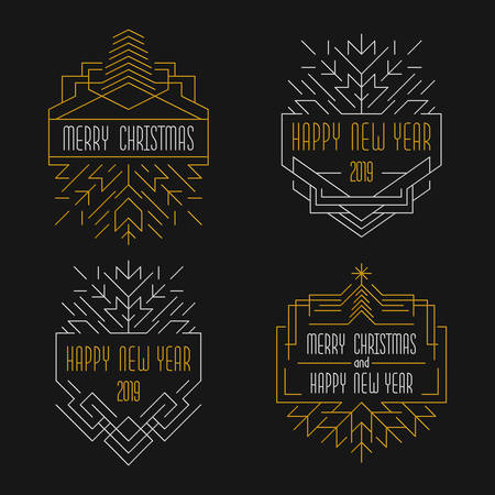 Merry Christmas and Happy New Year text. Art deco badges in outline style. 2019 Xmas card in golden and silver colors.のイラスト素材
