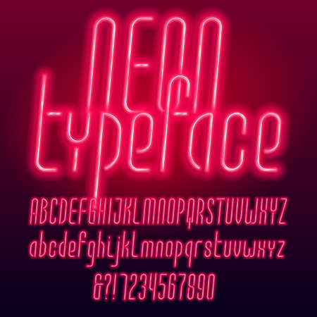 Red neon tube alphabet typeface. Neon color uppercase and lowercase letters, numbers and symbols. Stock vector font for your design.のイラスト素材