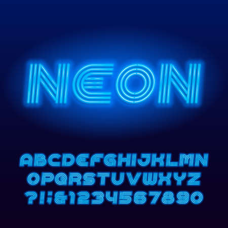Neon tube alphabet font. Blue neon color uppercase letters and numbers. Stock vector typescript for your design.のイラスト素材