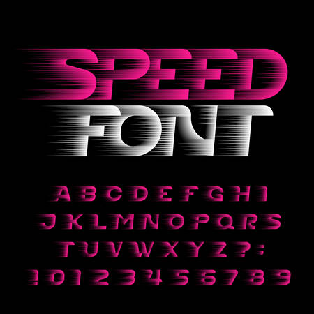 Speed alphabet font. Fast wind effect futuristic type letters and numbers. Stock vector typeface for your design. Easy color change.のイラスト素材