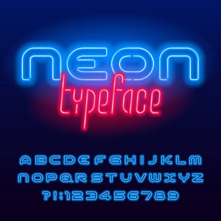 Neon tube alphabet font. Blue neon color capital letters and numbers. Stock vector typeface for your design.のイラスト素材