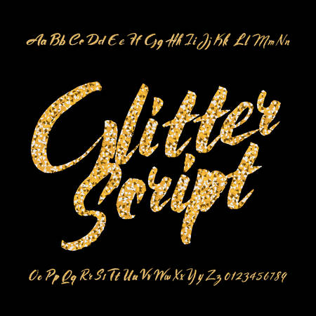 Golden glitter alphabet font. Handwritten uppercase and lowercase letters and numbers. Glamor vector typescript.のイラスト素材