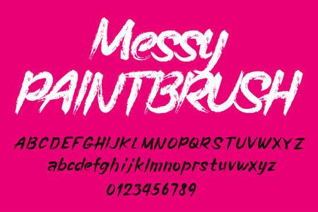 Messy paintbrush alphabet font. Uppercase and lowercase handwritten letters and numbers. Stock vector typescript.のイラスト素材