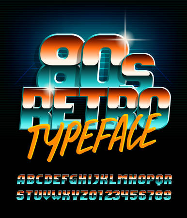 80s retro typeface. Uppercase oblique letters and numbers. Stock vector alphabet for your design in 80s style.のイラスト素材