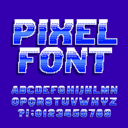 Pixel alphabet font. Digital gradient letters and numbers. Retro 80s arcade video game typescript.のイラスト素材