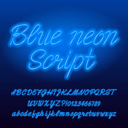 Neon script alphabet font. Blue color lowercase and uppercase bright letters and numbers. Stock vector typescript for your typography design.のイラスト素材