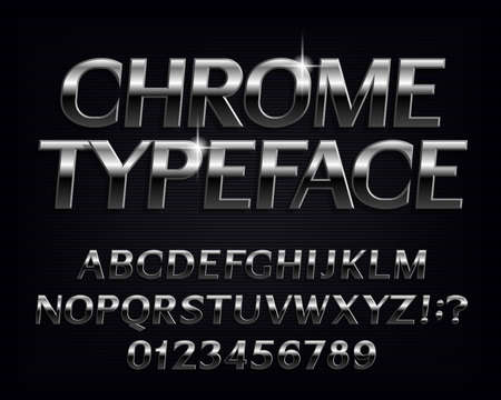 Chrome alphabet font. Metallic effect shiny letters and numbers. Stock vector typescript for your typography design.のイラスト素材