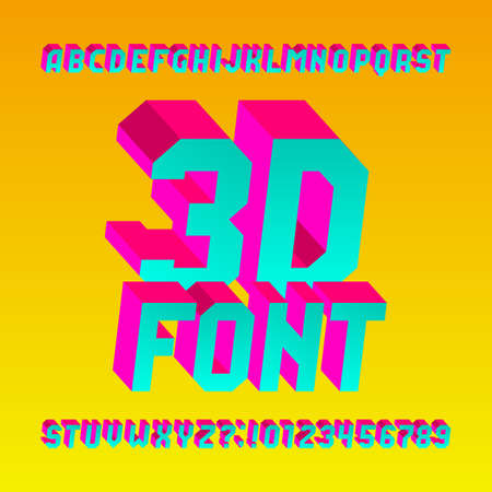 3D isometric alphabet font. 3d effect bright letters and numbers. Stock vector typescript for your design.のイラスト素材