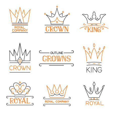 Outline crowns logo set. Luxury emblem in trendy line style. Stock vector illustration for hotel, restaurant, boutique, invitation, jewelry etc.のイラスト素材