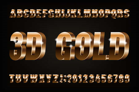 3D gold alphabet font. Golden effect letters and numbers. Stock vector typescript for your design.のイラスト素材