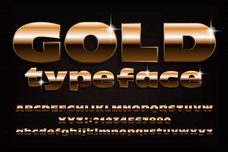 Gold alphabet typeface. Golden effect wide letters and numbers. Uppercase and lowercase. Stock vector font for your design.のイラスト素材