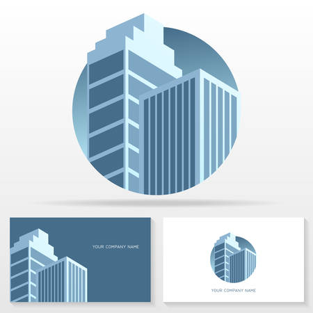 Real estate  design vector sign. Stock vector emblem with modern buildings. Business card templates.のイラスト素材
