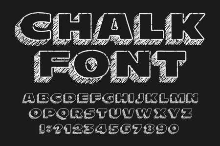 Chalk board alphabet font. Handwritten messy wide letters and numbers. Stock vector typescript.のイラスト素材