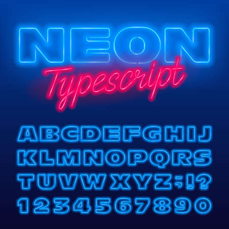 Wide neon alphabet font. Blue neon color light bulb uppercase letters and numbers. Stock vector typeface for your typography design.のイラスト素材
