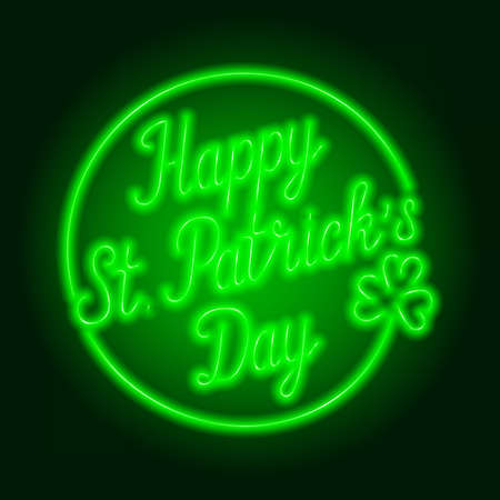 Happy St. Patrick's Day - Glowing neon sign. Lettering with shamrock on dark green background.のイラスト素材