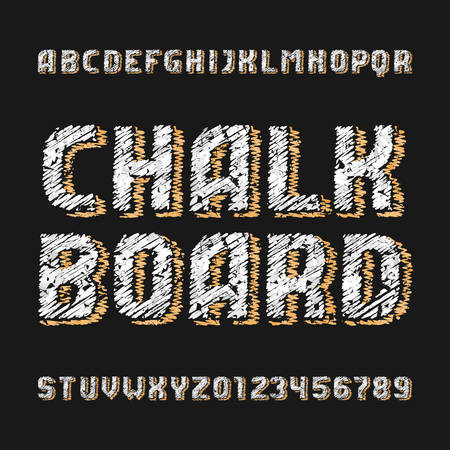 Chalk board alphabet font. Handwritten messy letters and numbers with drawn shadows. Stock vector typescript.のイラスト素材