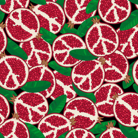 Pomegranate seamless background with leaves. Hand drawn endless backdrop.のイラスト素材