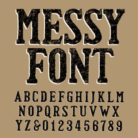 Messy alphabet font. Uppercase handwritten letters and numbers. Stock vector hand drawn typeface.のイラスト素材