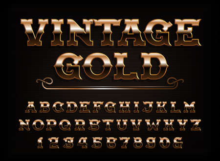 Vintage Gold alphabet font. Beveled letters and numbers. Stock vector typescript for your design.のイラスト素材