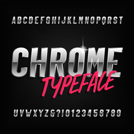 Chrome alphabet typeface. Chrome effect condensed letters and numbers. Stock vector font for your typography design.のイラスト素材