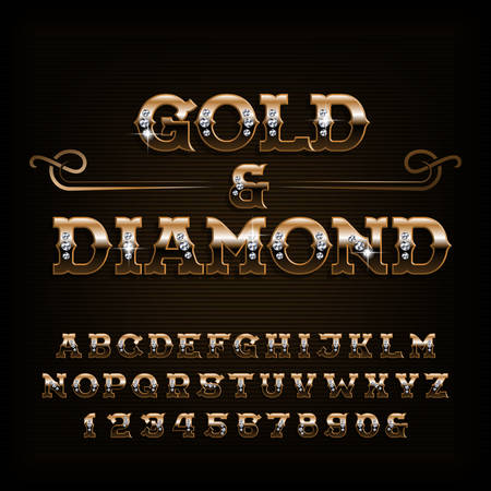 Gold & diamond alphabet font. Ornate golden letters and numbers with diamond gemstone. Stock vector typescript for your design.のイラスト素材