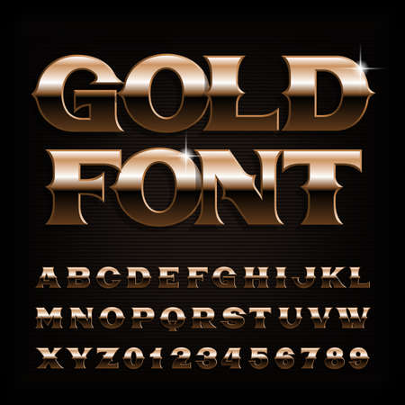 Vintage Gold alphabet font. Beveled letters and numbers. Stock vector typeface for your typography design.のイラスト素材