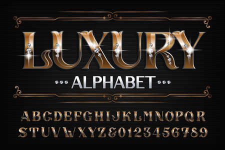 Luxury alphabet font. Ornate golden letters and numbers with diamond gemstones. Stock vector typescript for your design.のイラスト素材