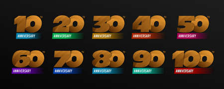 Set of anniversary signs from 10 to 100. Colorful numbers. Stock vector signs design elements.のイラスト素材