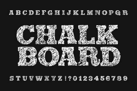 Chalk board alphabet font. Handwritten messy wide letters and numbers. Stock vector typescript.のイラスト素材